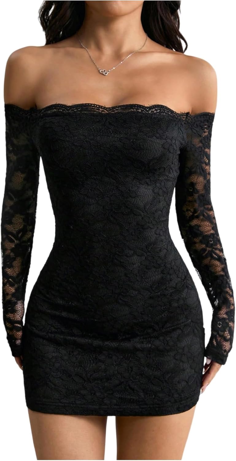 61Bip0Ce6yL._AC_SL1500_.jpg Off-Shoulder Long-Sleeve Fitted Mini Dress With Lace—Sexy Party Style - Image 1