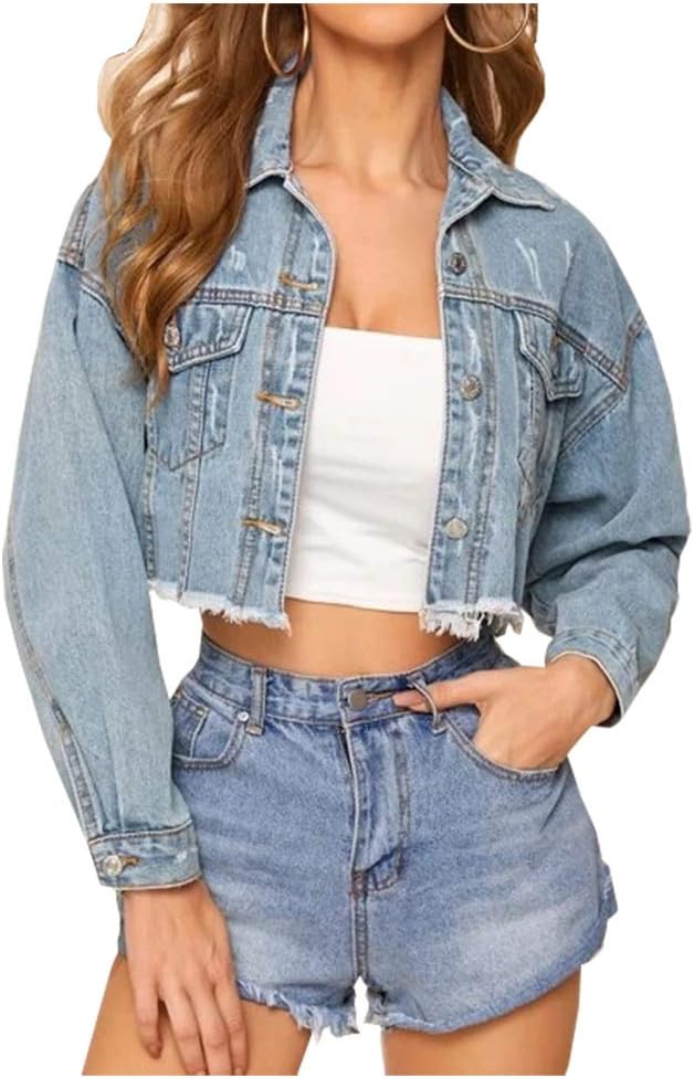 61DNyObP3xL._AC_SL1001_.jpg Women's Ripped Denim Jacket with Frayed Tassel Hem - Image 1