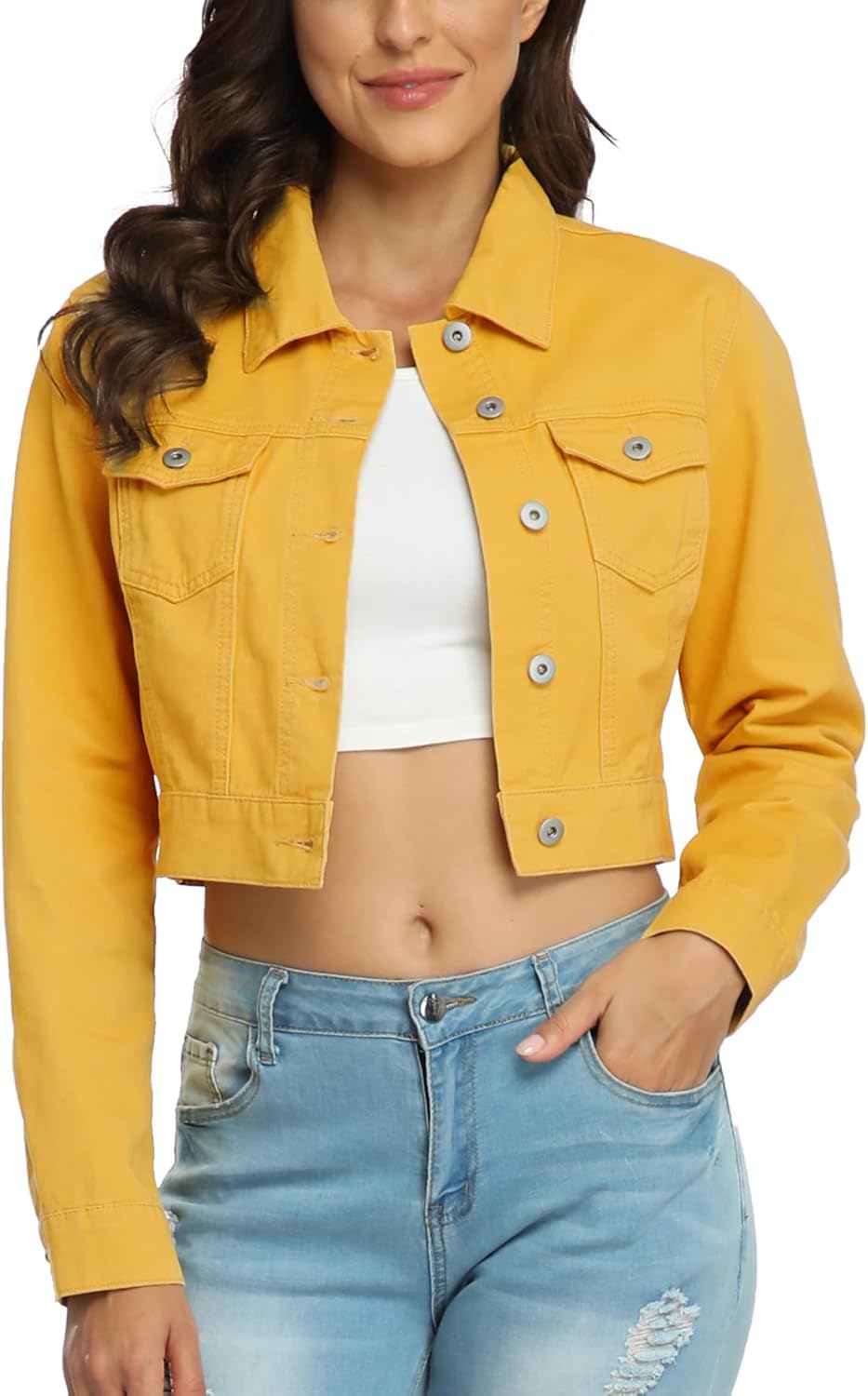 61WxqURINJL._AC_SL1500_.jpg Women's Vintage-Wash Cropped Denim Jacket - Image 1