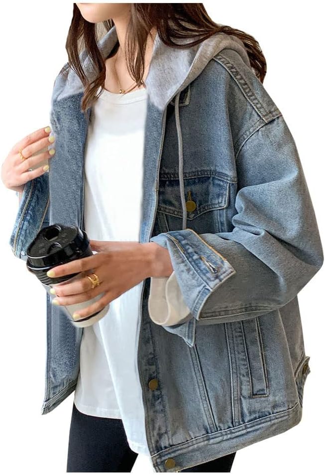 61kgHoQePuL._AC_SL1001_.jpg Women's Loose-Fit Distressed Denim Jacket with Hood - Image 1