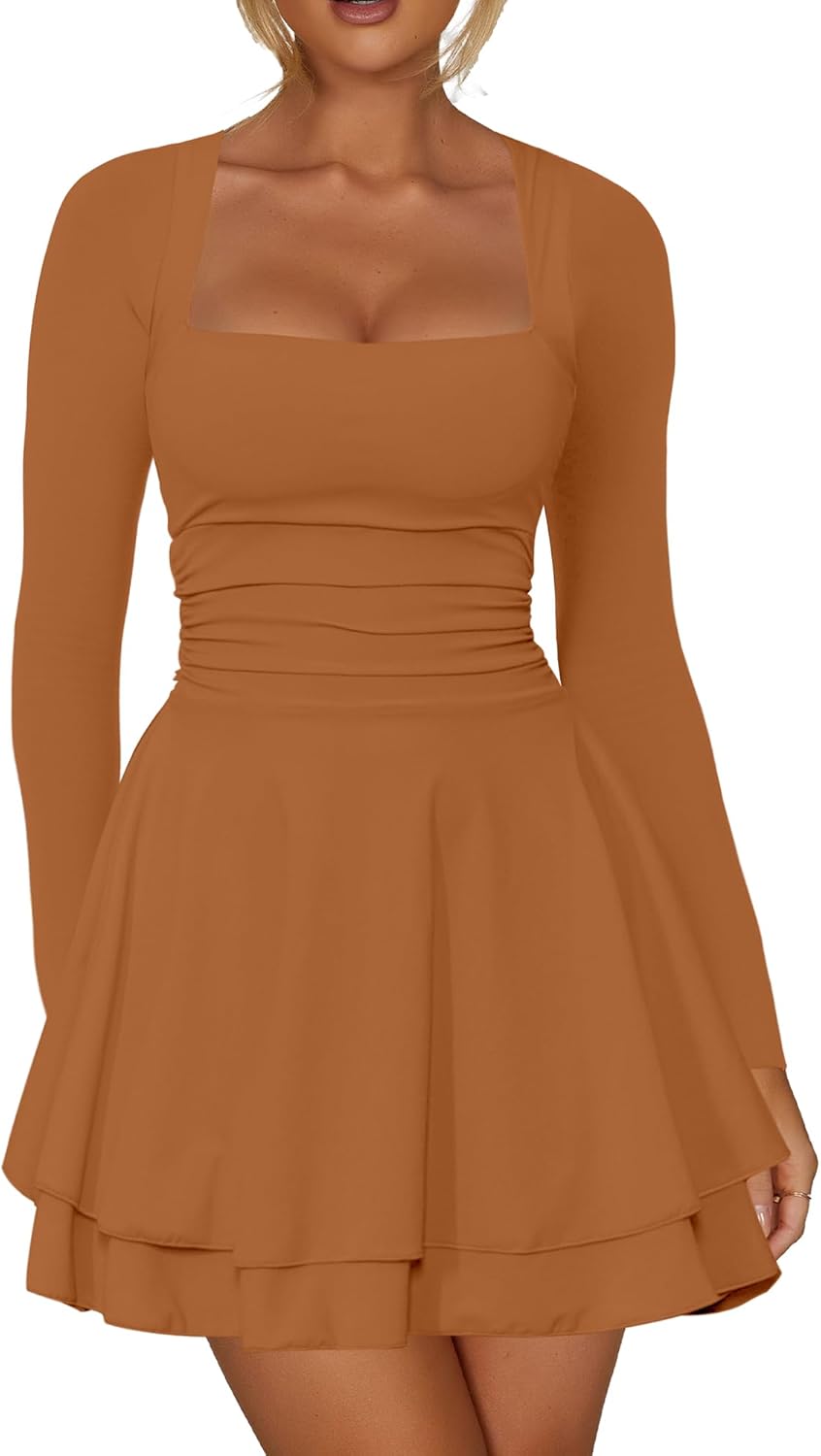 61m15YWhAKL._AC_SL1500_.jpg Square-Neck Fitted Mini Dress With Long Sleeves, Ruffles, And A Cinched Waist - Image 1