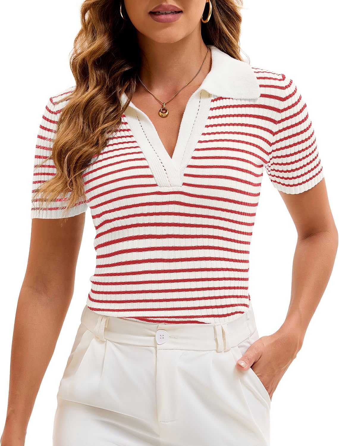 71IHkCsvgOL._AC_SL1500_.jpg Women's Striped Knit Short-Sleeve Polo Shirt - Image 1