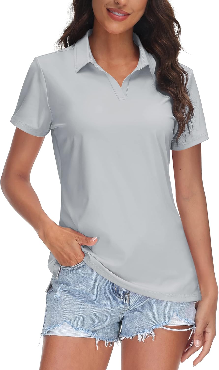 71Ksjg3MlAL._AC_SL1500_.jpg Women's V-Neck Sun-Protective Quick-Dry Short-Sleeve Golf Polo - Image 1