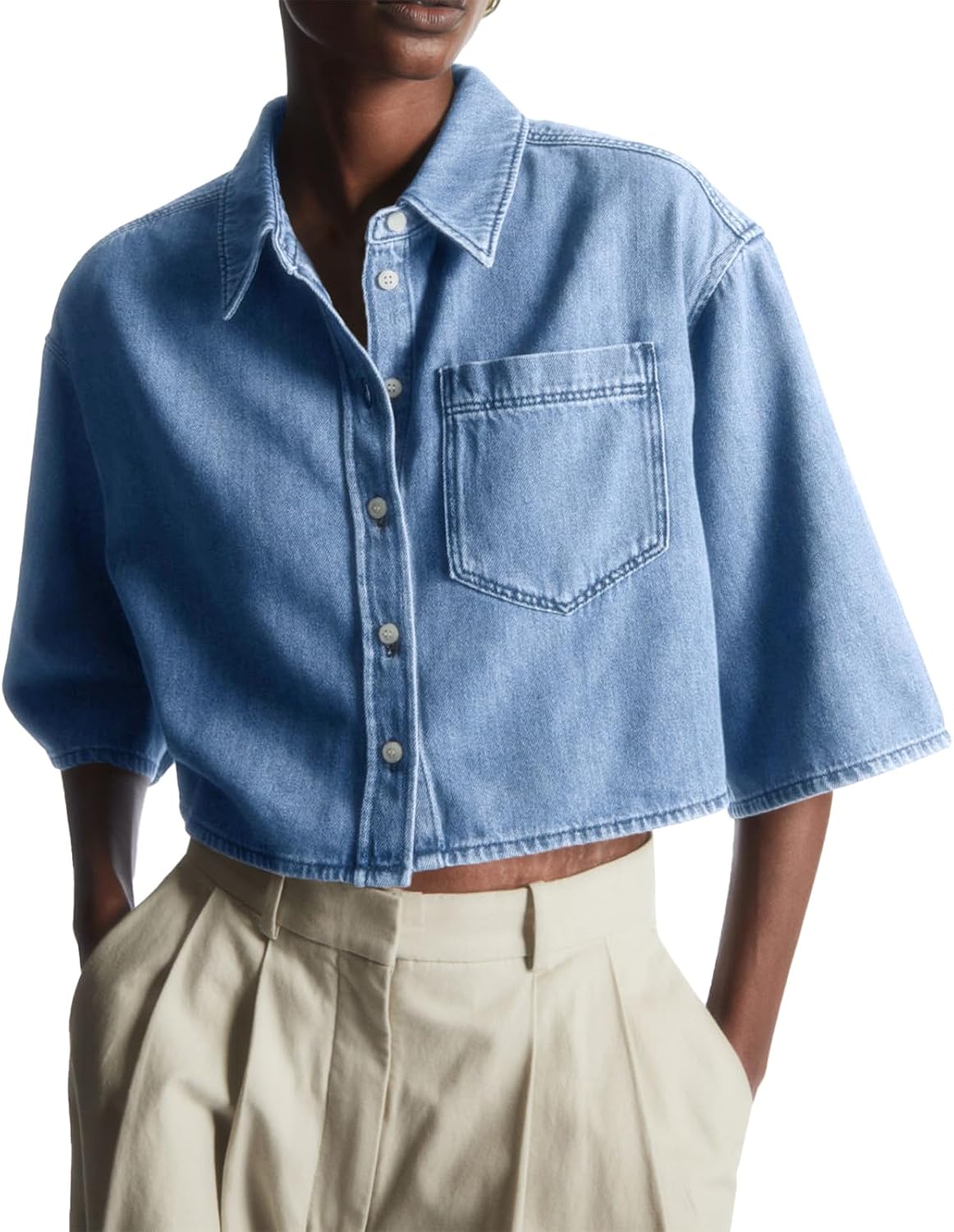 71LYwB8psdL._AC_SL1500_.jpg Women's Short-Sleeve Button-Front Denim Shirt Jacket - Image 1