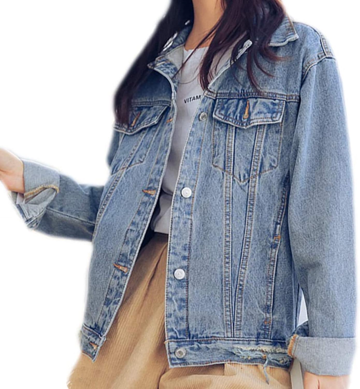71Mn37apdrL._AC_SL1500_.jpg Women's Loose Distressed Boyfriend-Style Denim Jacket - Image 1