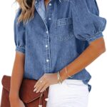 Women's Washed Denim Shirt Jacket with Puff Sleeves