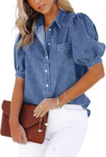 Women's Washed Denim Shirt Jacket with Puff Sleeves