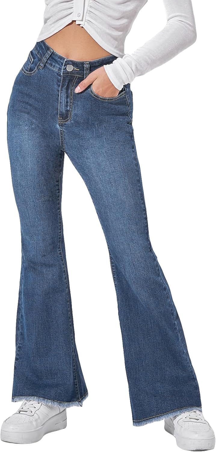 71hJ4x9cweL._AC_SL1500_.jpg Women's High-Waisted Raw-Hem Flare Jeans (Petite) - Image 1