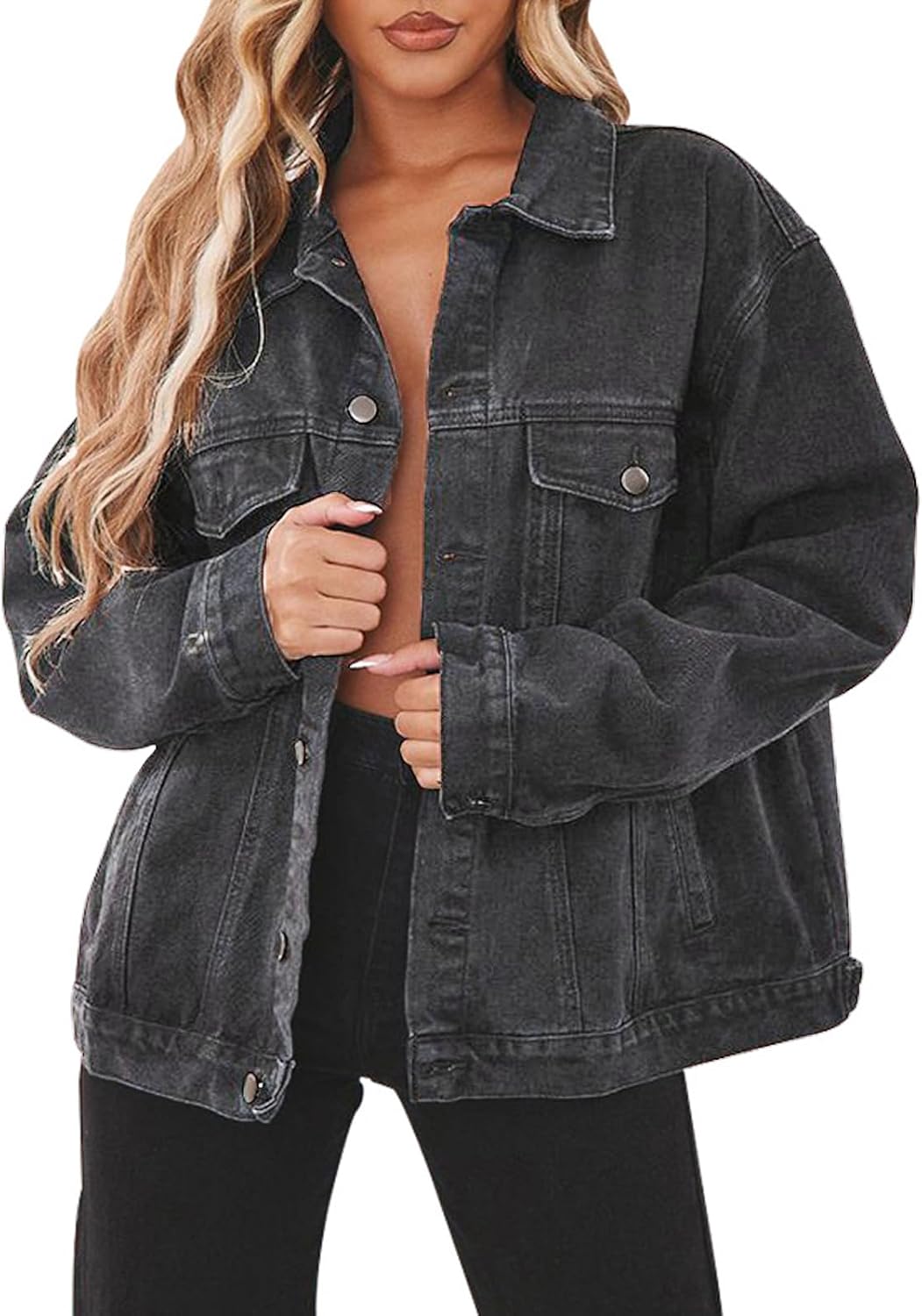 71k5i7997NL._AC_SL1500_.jpg Women's Loose-Fit Distressed Denim Jacket - Image 1