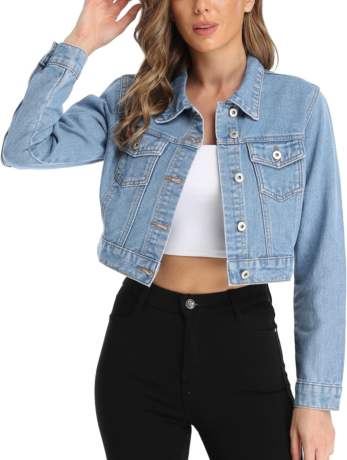 81DSPfwRWiL._AC_SL1500_.jpg Women's Cropped Denim Jacket with Pockets and Buttons - Image 1