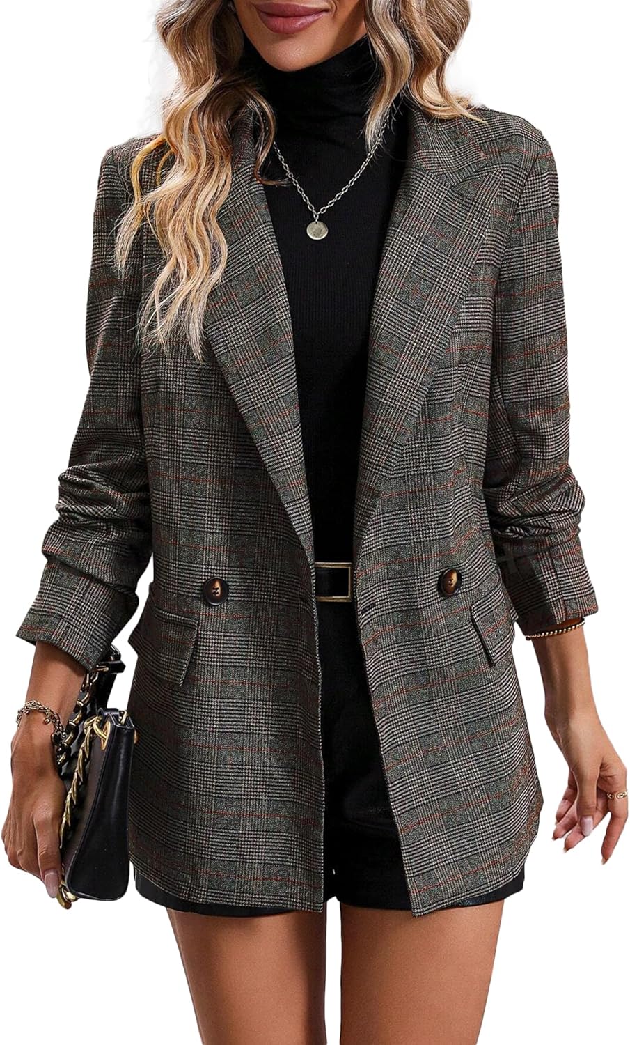81UNcJZbF0L._AC_SL1500_.jpg Women's Plaid Smart Blazer with Lapel Collar - Image 1