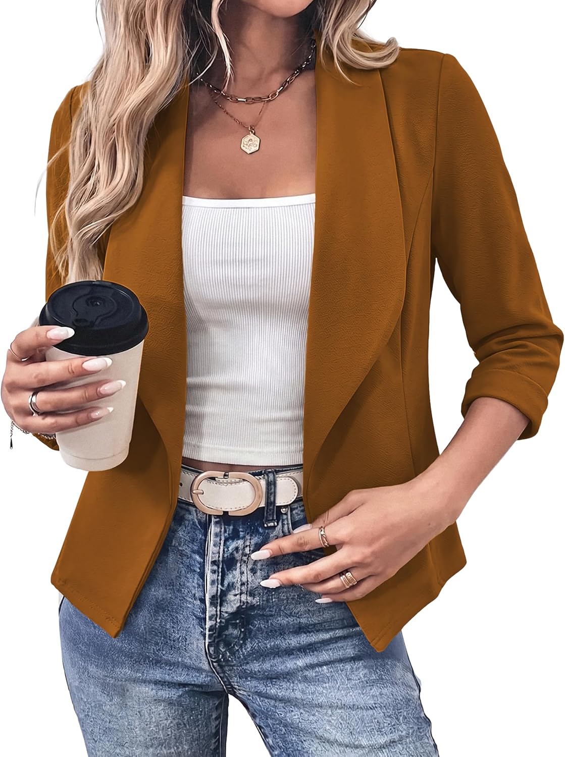 81UygLQiIOL._AC_SL1500_.jpg Women's Lightweight Open-Front Cropped Blazer - Image 1